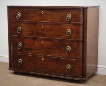 George III inlaid mahogany bow fronted mahogany chest of four graduating drawers, bone escutcheons,