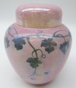 Ruskin pink lustre ginger jar and cover trailing vine leaf and grape decoration dated 1911 with