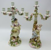 Sitzendorf matching pair of porcelain candelabra, four light and five light,