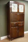 1950's vintage kitchen cabinet, two glazed doors above fall front, two drawers and cupboard, W89cm,