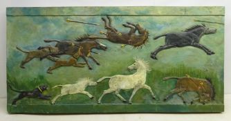 Large wall mounted sign depicting a herd of wild horses hunted with arrows and dogs,