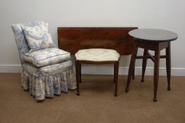Nursing chair upholstered in Watteau pattern fabric with two cushions (W45cm), an occasion table,