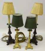 Pair 19th century style brass candlesticks with knop stem on tripod feet and a similar pair of cast