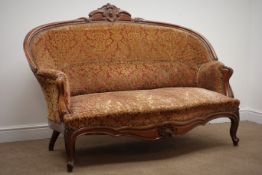 19th century walnut framed two seat serpentine sofa, carved cresting rail,