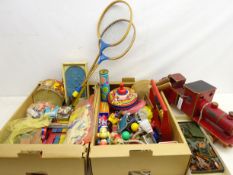 Collection of vintage toys including painted wooden model of a train, Pin Ball, tin plate drum,