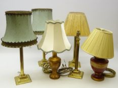 Set of four brass Corinthian Column candlesticks and two other table lamps (H56cm max) (6)