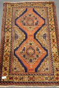 Turkish style blue ground rug, geometric pattern field,