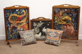 Pair of mahogany framed firescreens, woolwork decorated with exotic birds, (H94cm,