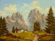 Alpine Landscape, 20th century oil on board indistinctly signed, On the Lakeside,