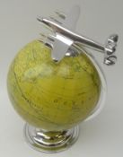 Art Deco style world globe with chrome Aeroplane finial and mounts,