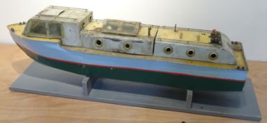 1940s/ 50s scratch built tinplate model of a Narrow type boat with planked effect deck,