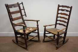 19th century elm ladder back rocking chair, later upholstered seat,