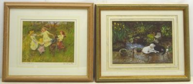 'Ring o' Roses' and Dogs by the Pond, two late 20th century pastels indistinctly signed,