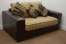 Two seat sofa upholstered in chocolate brown leather with check fabric cushions (W166cm) and