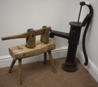 Victorian cast iron black painted garden water pump H67cm and hand operated wooden fruit press or