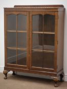 Early 20th century mahogany two door display cabinet on cabriole legs, H121cm, W93cm,