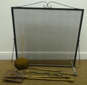 Wrought iron mesh fire screen, W76cm x H80cm, Victorian brass fire irons,