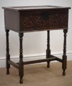 18th Century and later oak table/bible box, heavily carved hinged top and sides,
