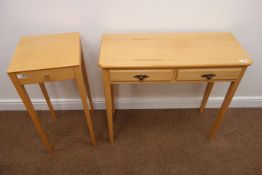 Beech two drawer side table, on tapering supports (W81cm, H74cm, D33cm) and a similar table