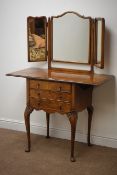 Early 20th century figured walnut drop leaf dressing table, with triple mirror back,