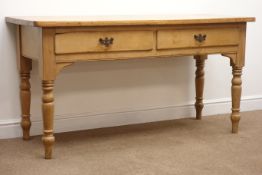 19th century polished pine side serving table, two drawers, turned supports, W153cm, H79cm,