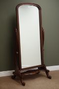 Victorian style mahogany cheval dressing mirror, arched plate on curved supports, H170cm,