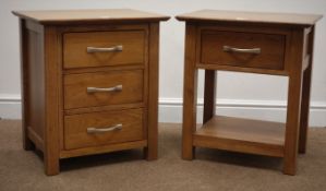 Modern oak bedside chest, moulded top, three drawers stile supports (W50cm, H57cm,
