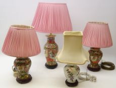 Pair 20th century Cantonese style Famille Rose baluster table lamps with pink pleated shades and