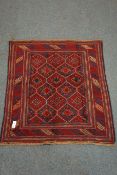 Gazak red and blue ground rug, geometric pattern field, repeating border,