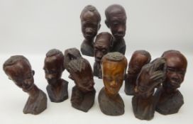 Ten African Hardwood busts, male and female,