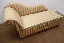 Victorian upholstered ottoman, shaped back with scrolled arm rest and hinged seat,