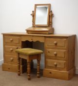 Solid pine twin pedestal dressing table with stool W140cm, H76cm, and pine toilet mirror, W51cm ,