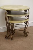 Lined oak and wrought metal circular nest of three tables (D61cm,