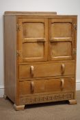 Small early 20th century vintage oak tallboy, two panel doors and two drawers, W61cm, H91cm,