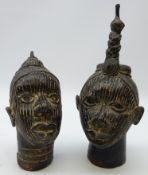 Pair Benin bronze busts, male and female both wearing headdresses,