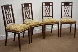 Set four Edwardian mahogany salon chairs, shaped cresting rail, pierced lattice splat,
