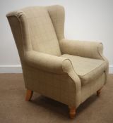 Next 'Sherlock' wingback arm chair upholstered in red check fabric on turned legs,
