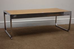 Retro chrome framed coffee table with teak top, W102cm, H36cm,