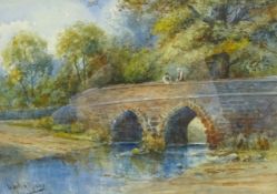 Figures on a Bridge, early 20th century watercolour signed by Alfred H Blake and dated 1913,