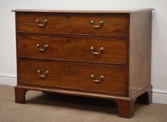 George III mahogany chest, of three graduating drawers, on shaped bracket supports, W112cm, H84cm,