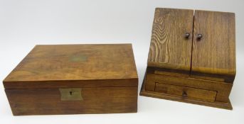 Walnut writing slope with brass cartouche and escutcheon, L42cm x D28cm and correspondence box,