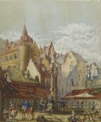 Continental Town Square, early 20th century watercolour unsigned, Rural Landscape,