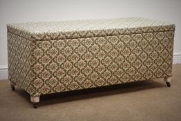 Mid 20th century upholstered ottoman, with hinged lid on square supports, W124cm, H53cm,