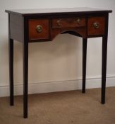 19th century mahogany side table, one long and two short drawers, square tapering supports, W77cm,