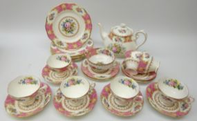 Royal Albert Lady Carlyle tea set comprising teapot, seven cups & saucers, six plates, soup bowl,