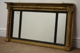 Regency overmantle mirror, three plates with reeded ebonised slips, moulded frame, W96cm, H51cm,