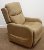 Powerlift electric recliner armchair, upholstered in a beige fabric,