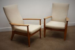 Pair Parker Knoll teak framed open arm chairs, beige upholstered back and seat, tapering supports,