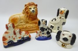 Staffordshire ceramics comprising large model of a Lion with glass eyes, L27cm, Spaniel,