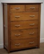 Modern oak chest, moulded top, two short and four long drawers, stile supports, W98cm, H124cm,